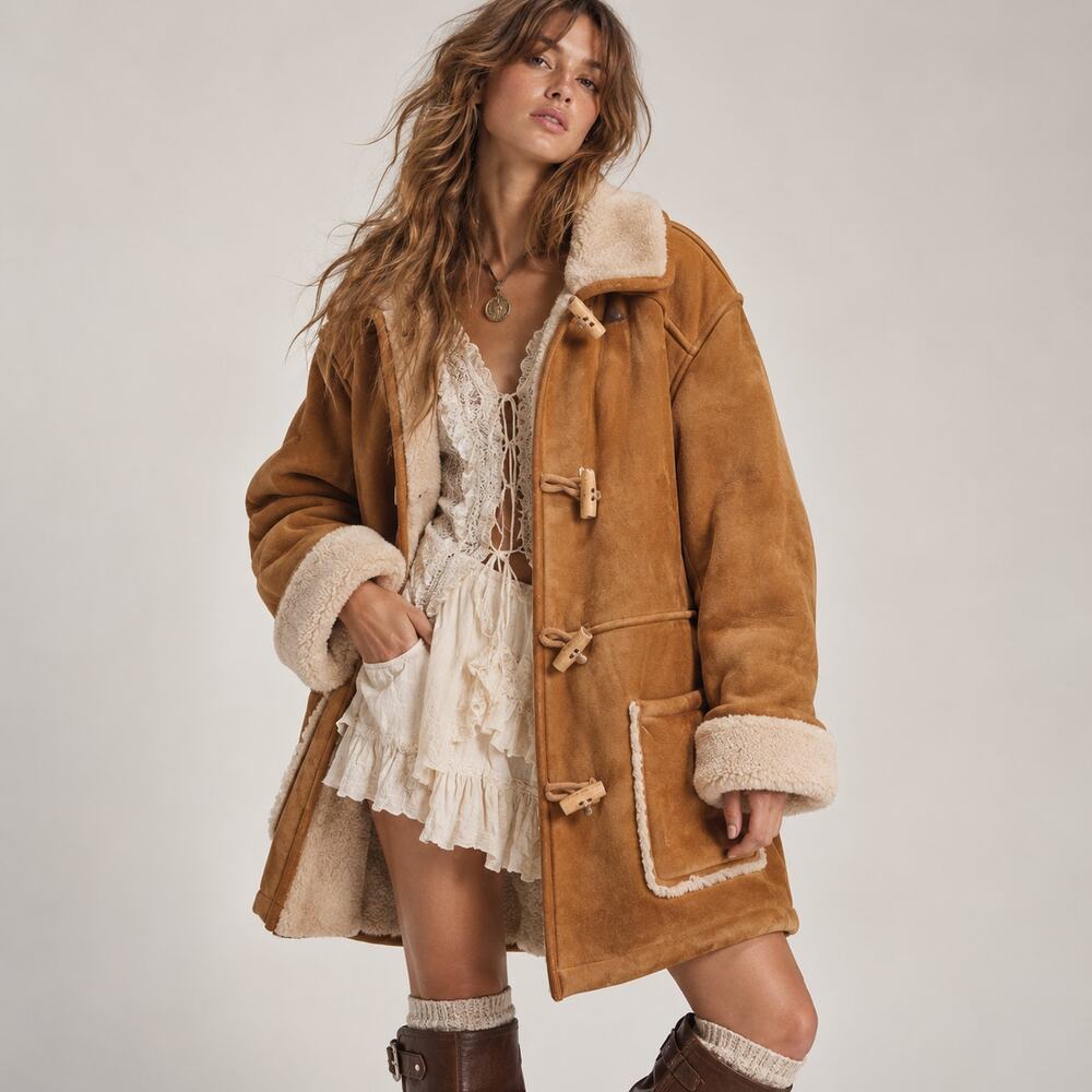 VTG Oversized Shearling Suede Coat S 70s Penny Lane Cabin Boho Retro Fall Winter